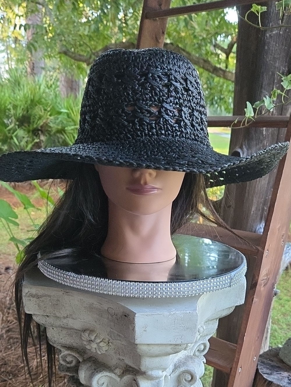 Women's Black Woven Wide Brim Sun Hat